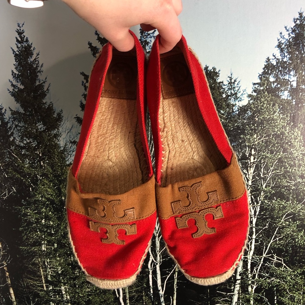 TORY BURCH JAMIE TWO TONE LOGO ESPADRILLE LEATHER RED CANYON/TAN SANDALS SIZE 9